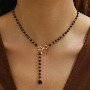 Black Beaded Bow Pendant Necklace